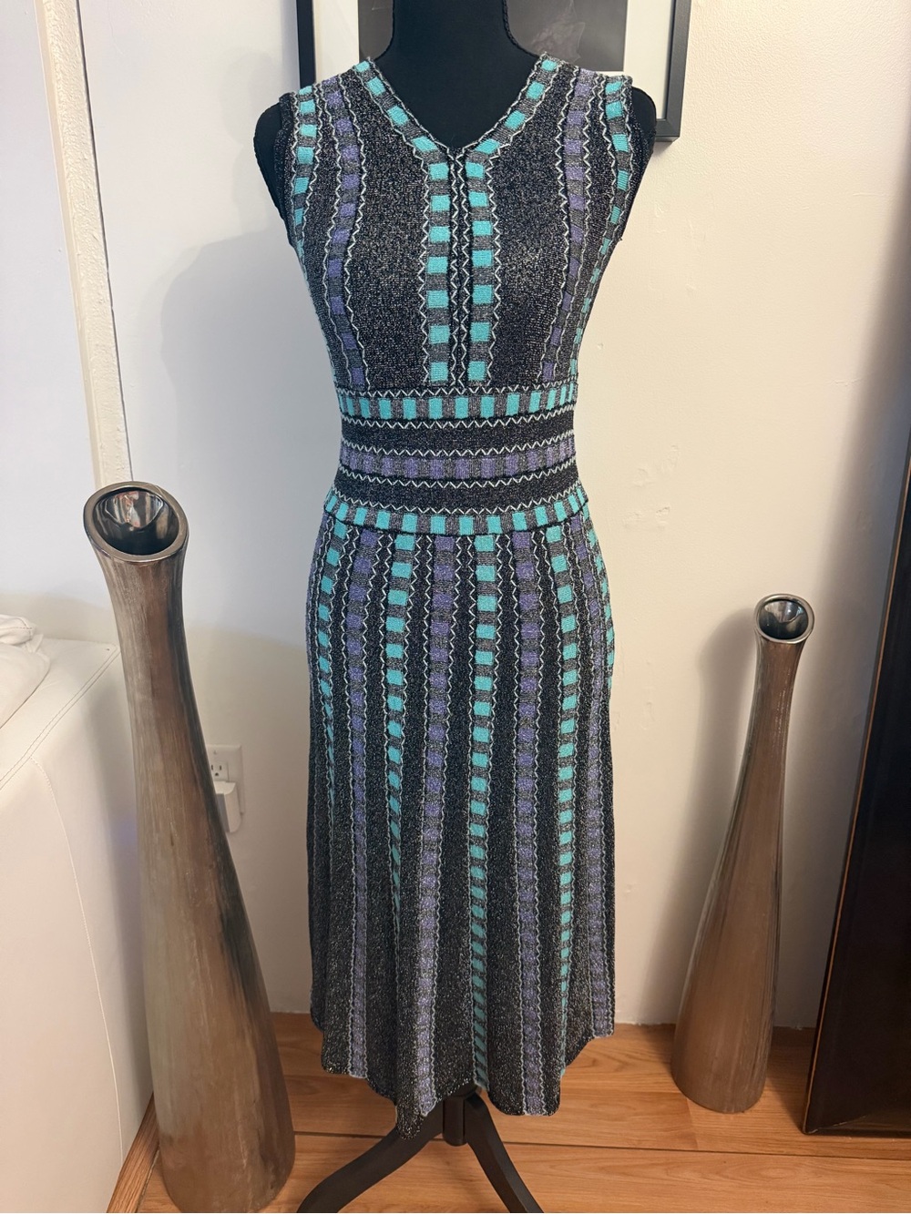 American Vintage Striped Knit Midi Dress in Teal and Charcoal